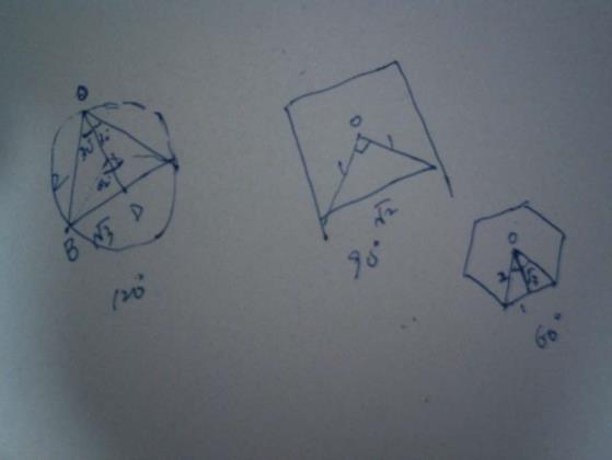 园内正多边形的计算(1)正三角形 OD:BD:OB=1:根号3:2,则中心角度数=(2)正四边形 OE:AE:OA=1:1:根号2,则中心角度数=(3)正六边形AB:OB:OA=1:根号3:2,则中心角度数=