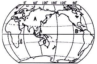 读图"世界海陆分布图",完成9-12题.