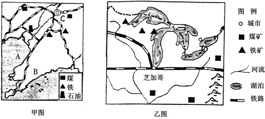 甲图和乙图所示地区分别位于中国和美国的东北