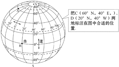 读图，回答下列问题.(1)写图中A点的经纬度:经度，纬度.(2)在图上标注C、D两点.(3)A在C的方向，B在A的方向. - 初中地理 - 菁优网