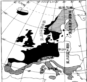 读欧洲主要气候类型分布示意图,回答9--11题.