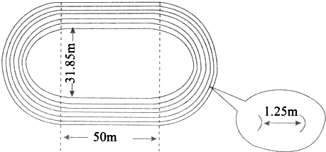 一个200m的环形跑道,它是由两个直道和两个半圆形跑道组成,直道长50m
