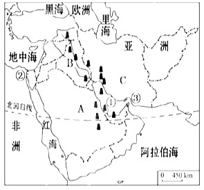读地区略图,回答问题.(1)国家:A ,B ,C .(2)石油主