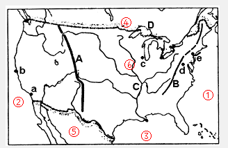 读美国地图并完成以下各项:(1)将代表以下地理