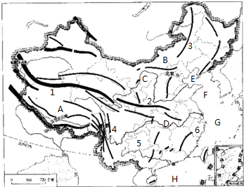 读下面的中国地图,回答问题.(1)山脉1 ,2 ,3 .(2)