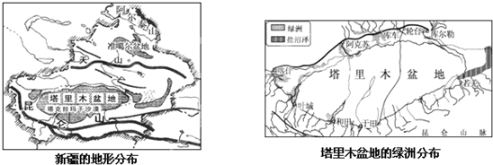 读"新疆的地形分布"图和"塔里木盆地的绿洲分布"图,回答问题.