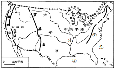 如图是"美国本土地形分布简图",读图回答35-40题.