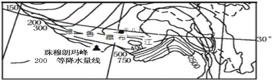 材料一:西藏地区等降水量线分布图.