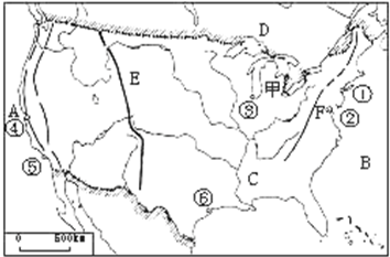 读"美国地形图,填出图中字母代表的地理事物