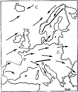 读欧洲西部盛行风向图,回答:(1)欧洲西部的两