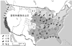 读美国农业带分布图,完成19～20题.