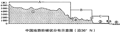 (1)写出图中a,b,c,分别代表我国地势的哪一级阶梯:a