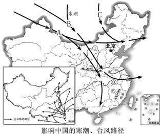 读"影响中国的寒潮,台风路径图",回答问题.