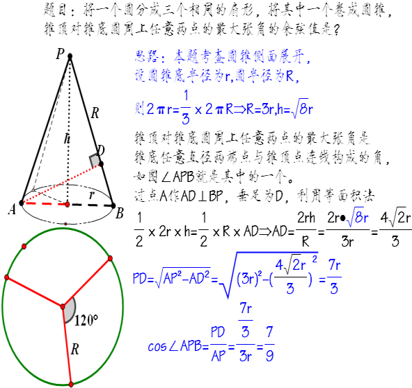 将其中一个卷成圆锥,锥顶对锥底圆周上任意两点的最大张角的余弦值是