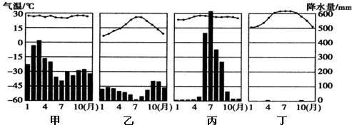 读四地气温-降水量柱状图,回答下列小题.