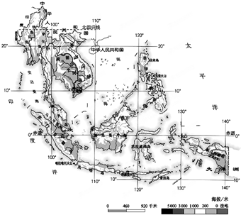 读东南亚地形图,回答7～9题